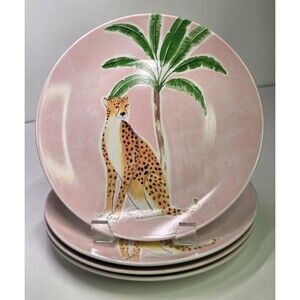 Set Of 4 Bluebird and Willow Cheetah Palm Tree Porcelain Appetizer Plates 8"